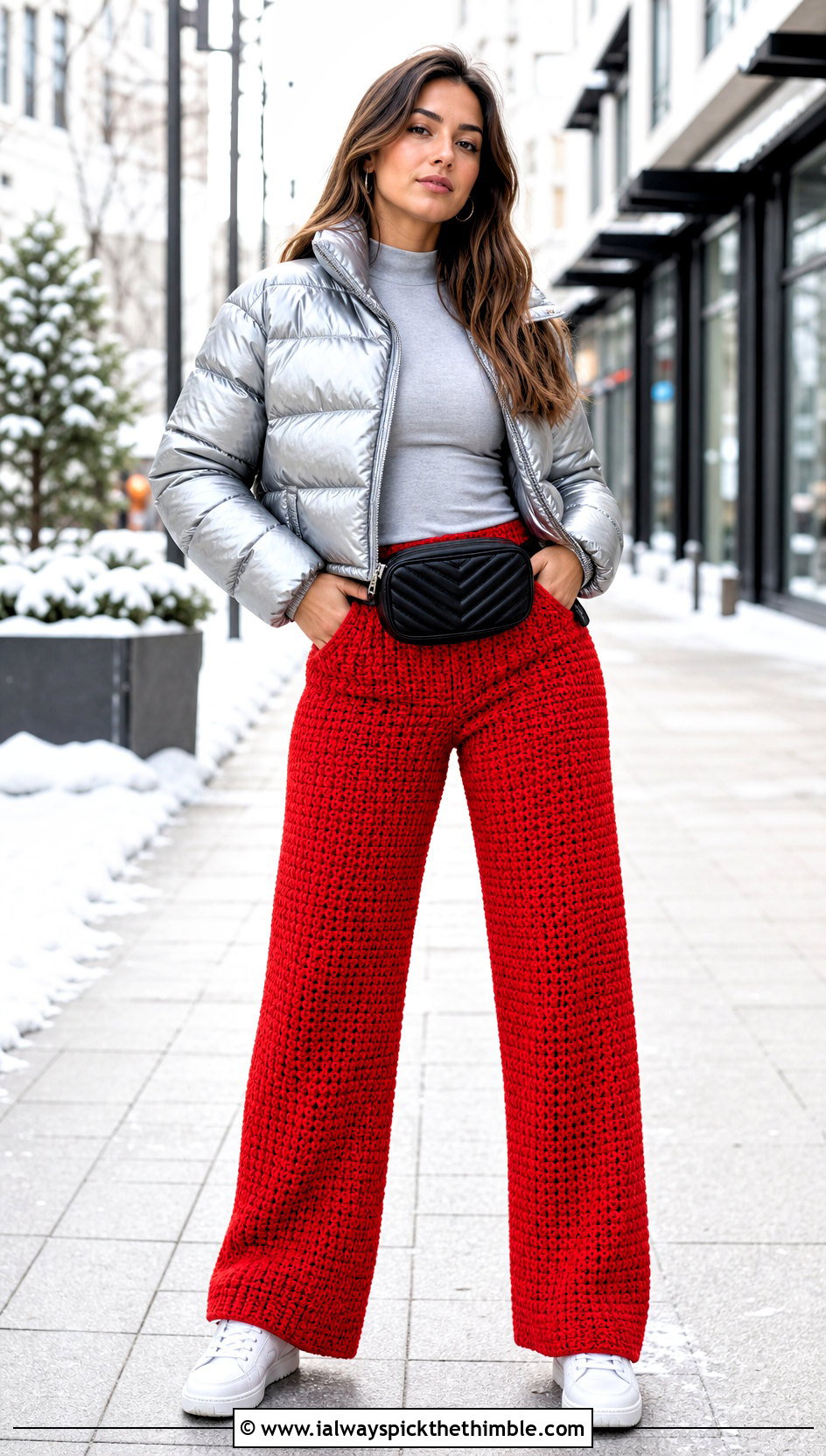 Crochet Wide Leg Pants With Cropped Puffer Jacket - 20 crochet clothes for winter outfit ideas