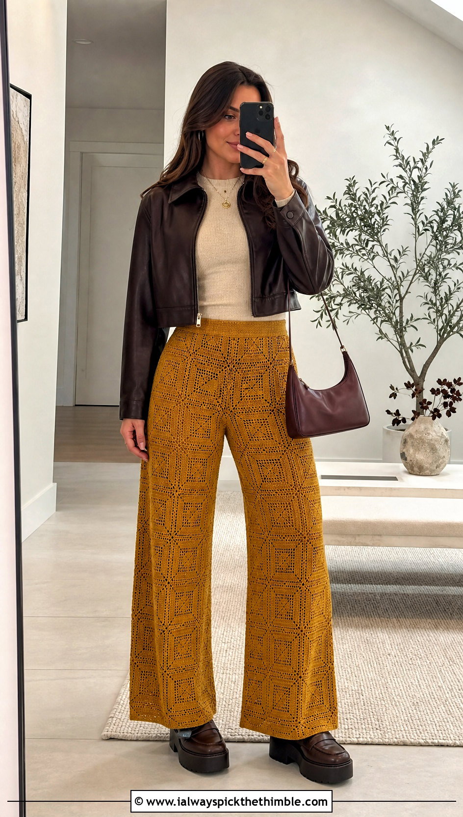 Crochet Wide Leg Pants With Fitted Knit Top - 20 Autumn Crochet Outfit ideas