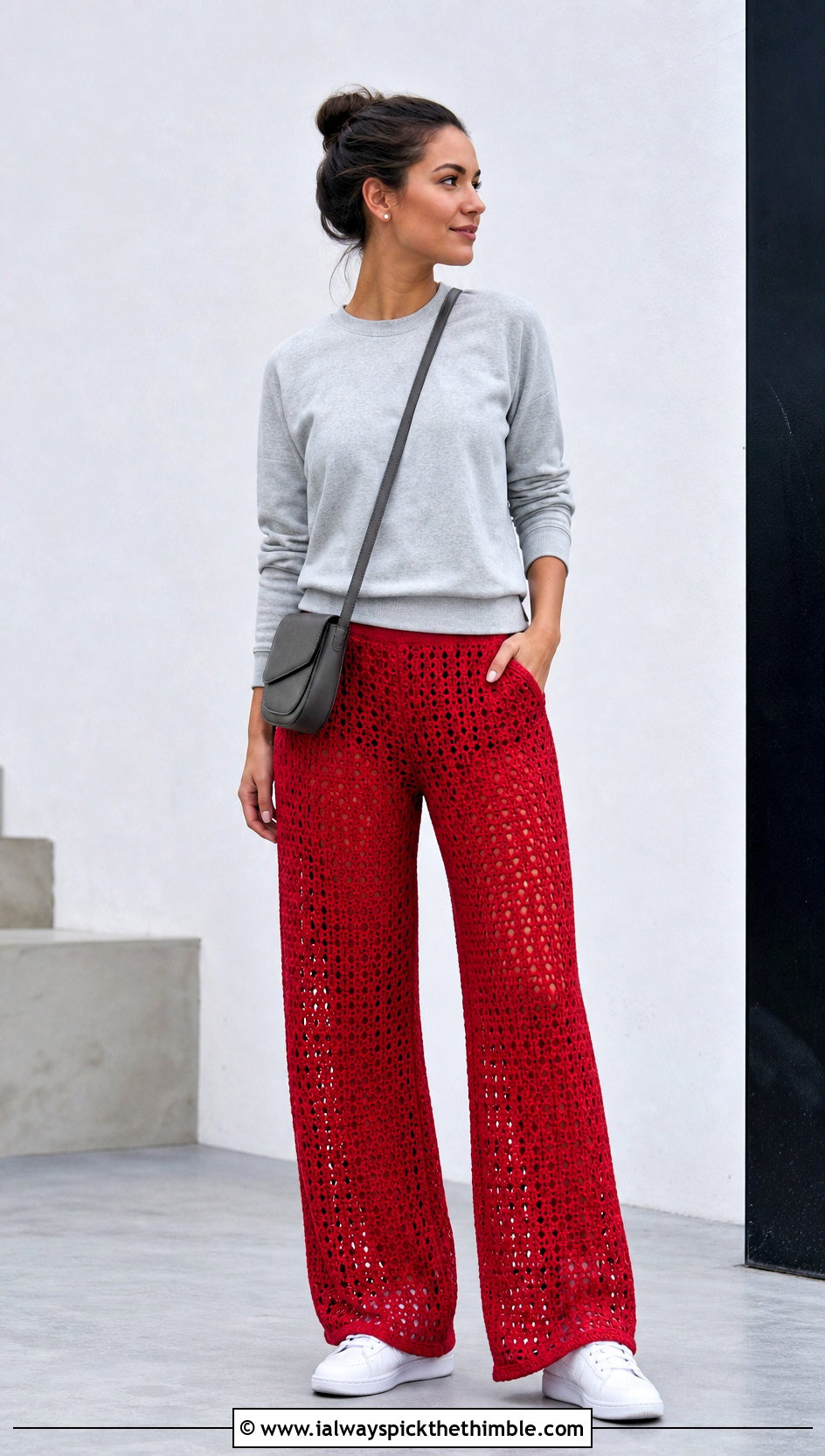 Crochet Wide Leg Pants With Fitted Sweatshirt - 20 Easy Clothes To Crochet For Beginners outfit ideas