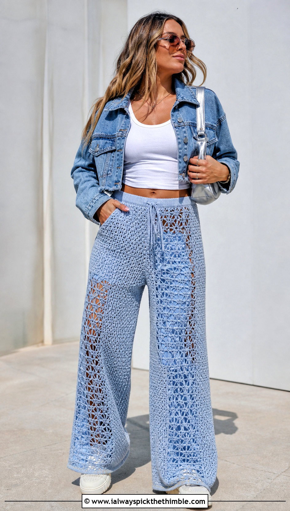 Crochet Wide Leg Pants With Ribbed Tank - 20 Crochet 90S Outfit ideas