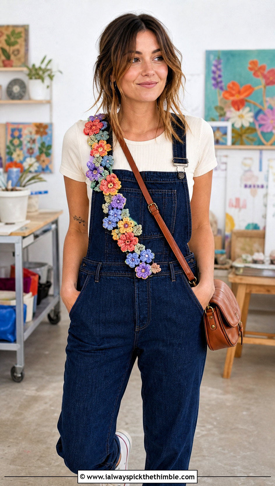 Crochet Wildflower Garland With Denim Overalls - 20 Crochet Flower Outfit ideas