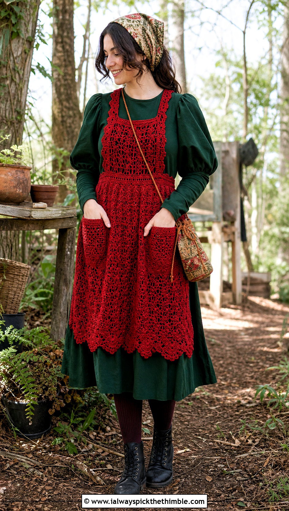 Crochet Witch Apron With Puff Sleeve Midi Dress - 20 crochet witch costume outfit ideas