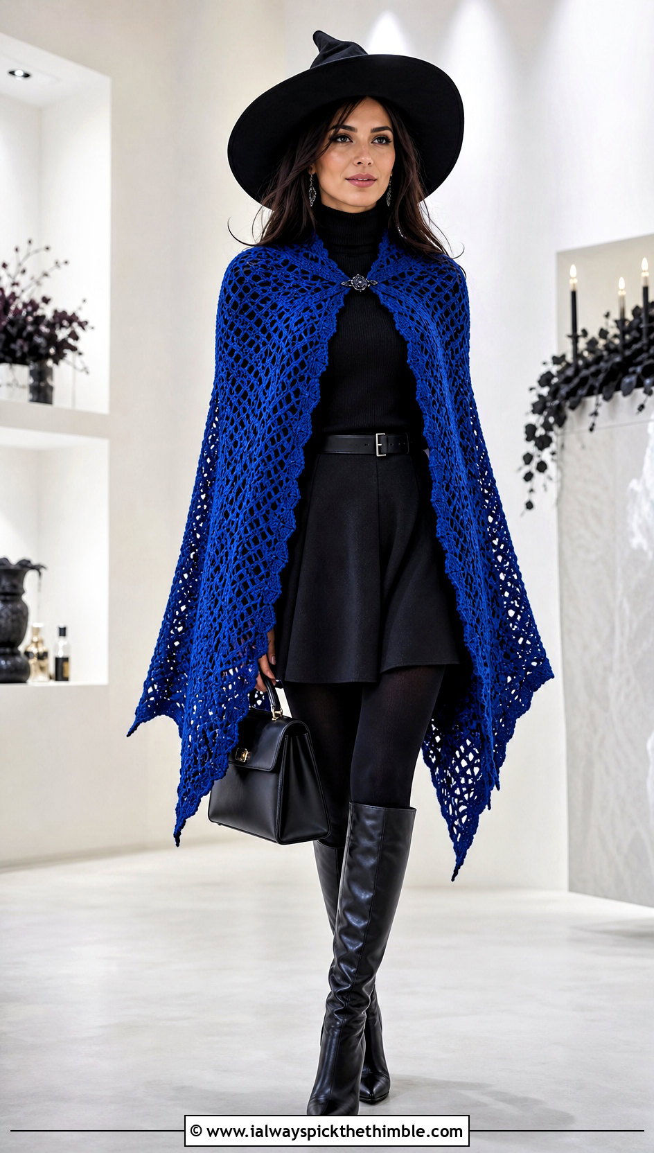 Crochet Witch Cape With Turtleneck And Mini Skirt - 20 crochet halloween outfit ideas