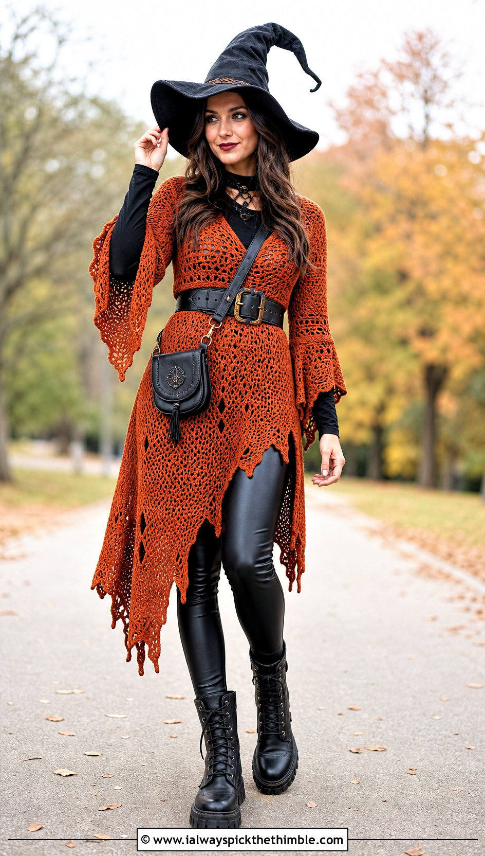 Crochet Witch Tunic With Faux Leather Leggings - 20 crochet witch costume outfit ideas