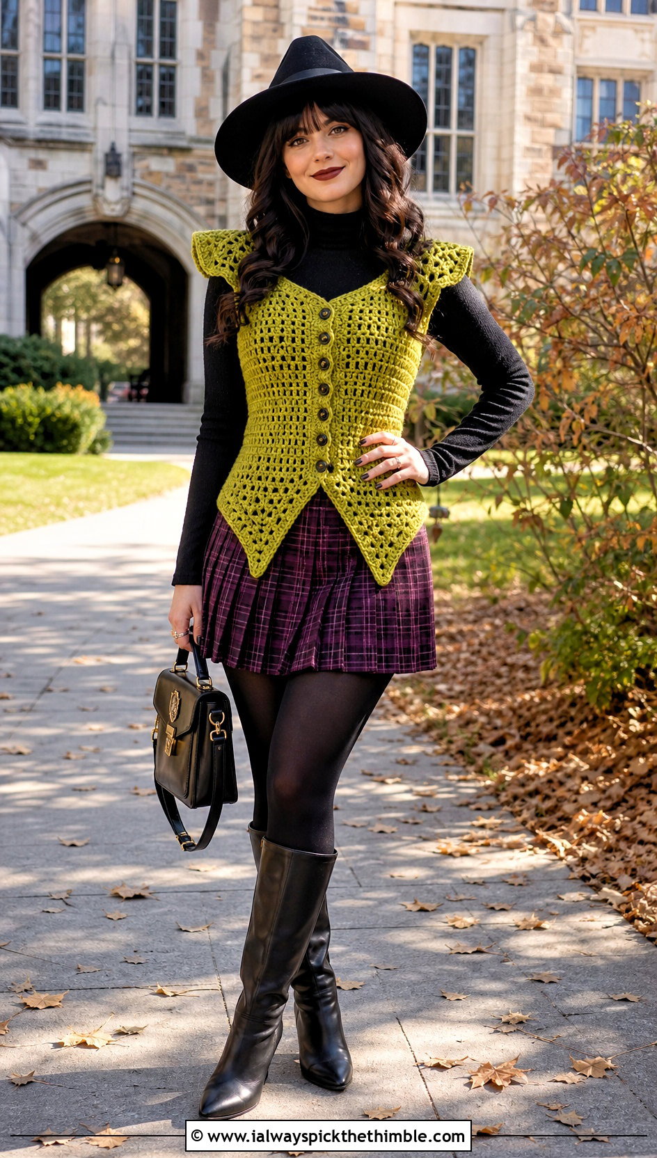 Crochet Witch Waistcoat With Plaid Mini Skirt - 20 crochet witch costume outfit ideas