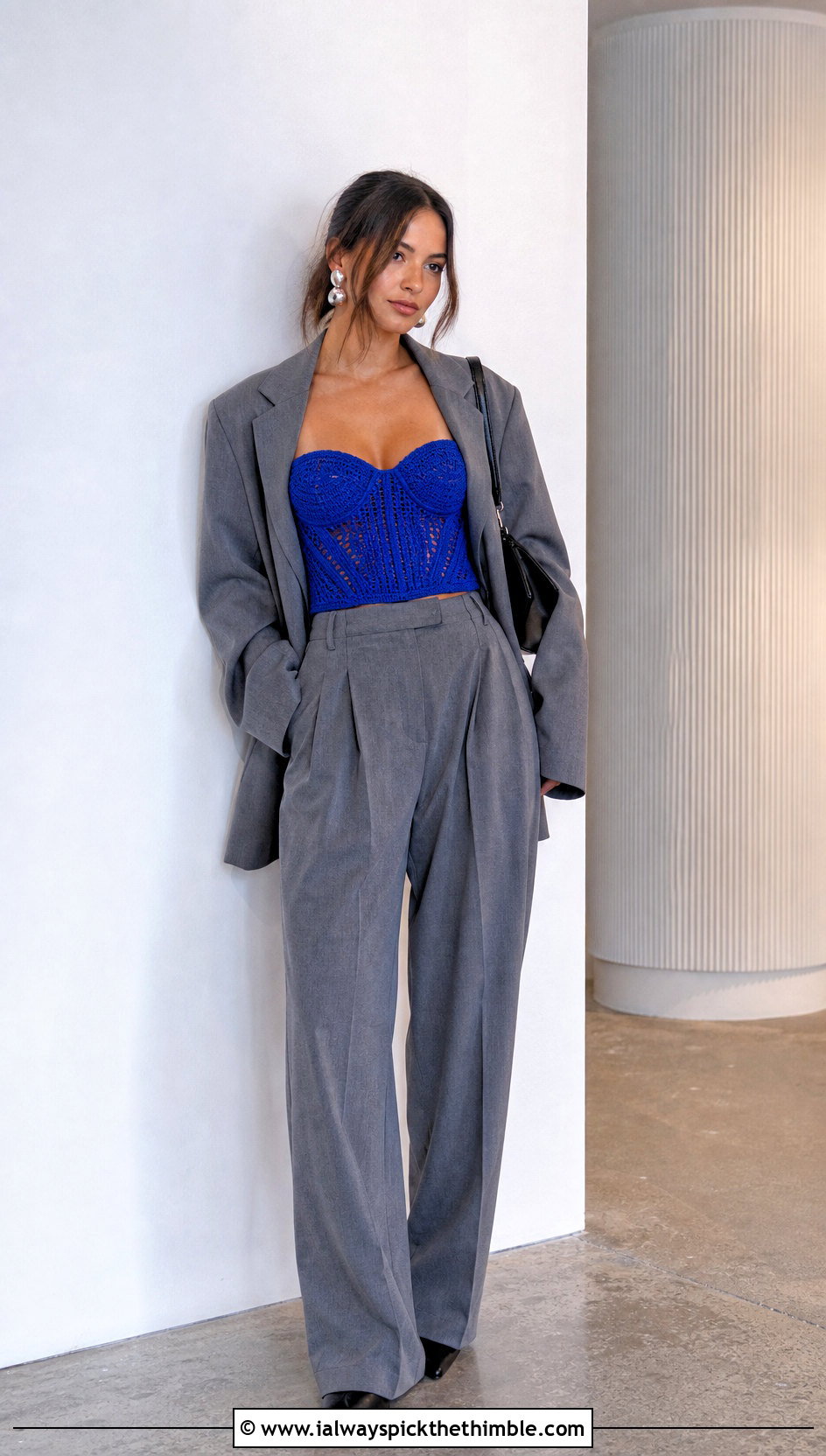 Crochet Wool Corset Top With Oversized Blazer - 25 crochet wool top outfit ideas