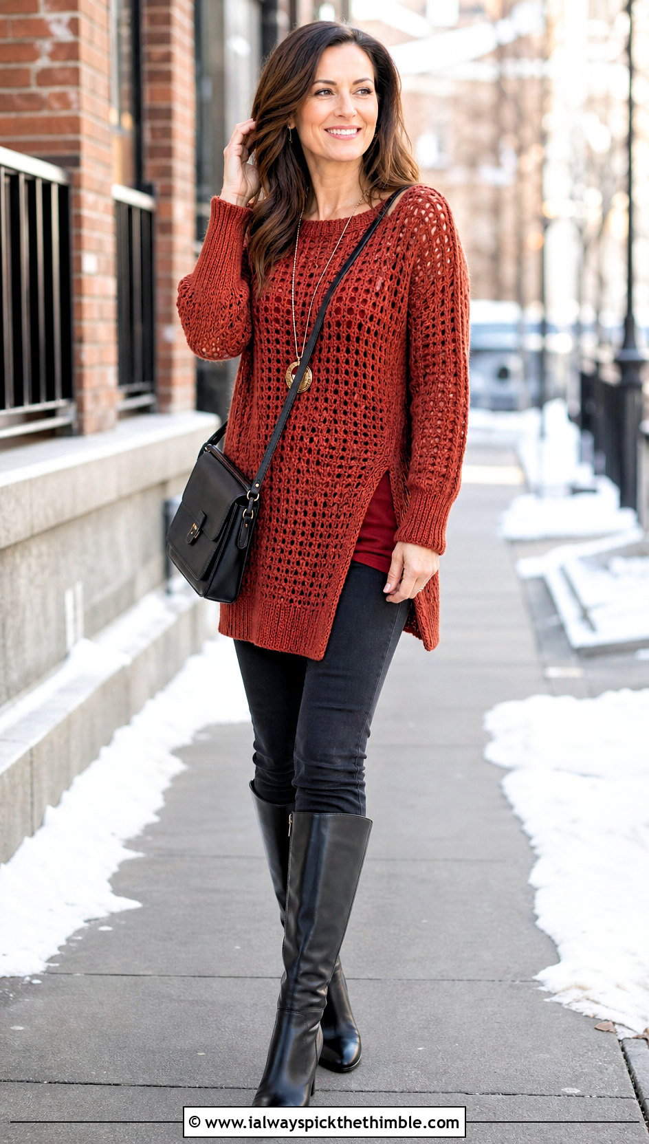 Crochet Wool Tunic Top With Slim Pants - 25 crochet wool top outfit ideas