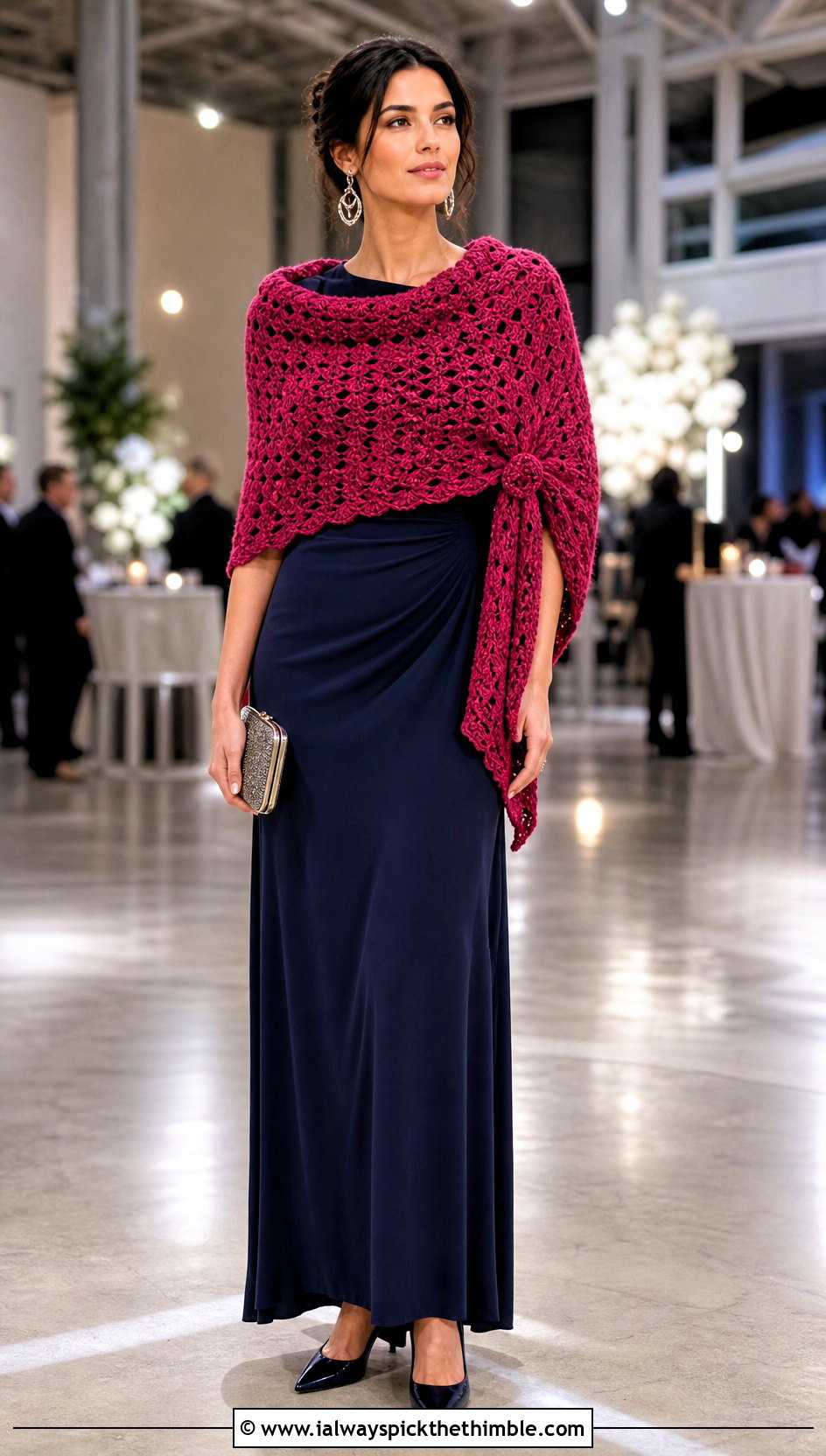 Crochet Wrap Blanket Sweater With Evening Maxi Dress - 20 crochet sweater blanket outfit ideas