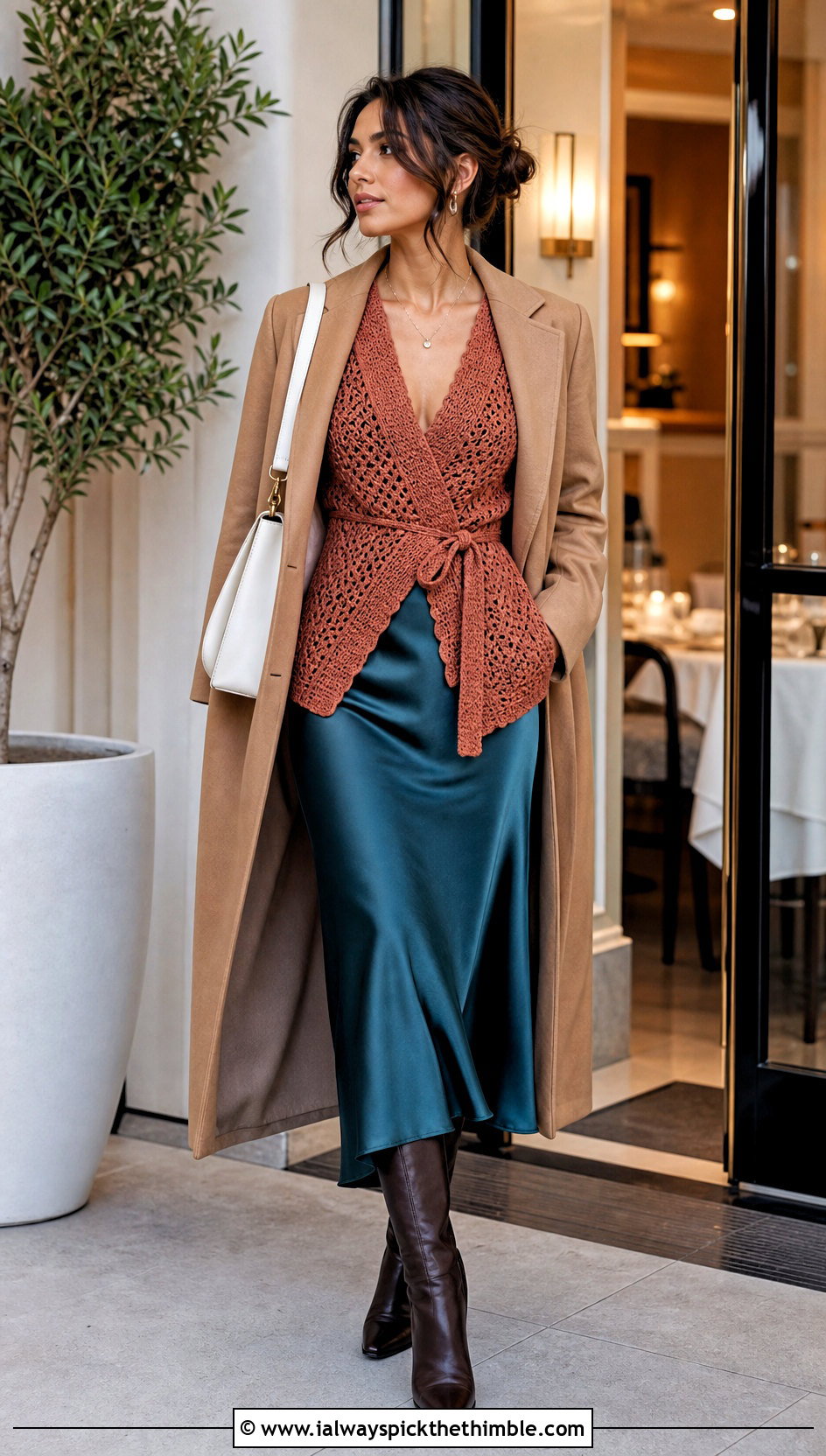 Crochet Wrap Cardigan With Satin Slip Skirt - 20 crochet clothes for winter outfit ideas