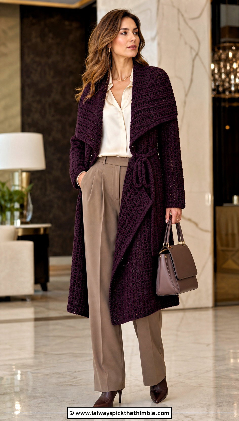 Crochet Wrap Coat With Satin Blouse And Trousers - 20 crochet coat ideas