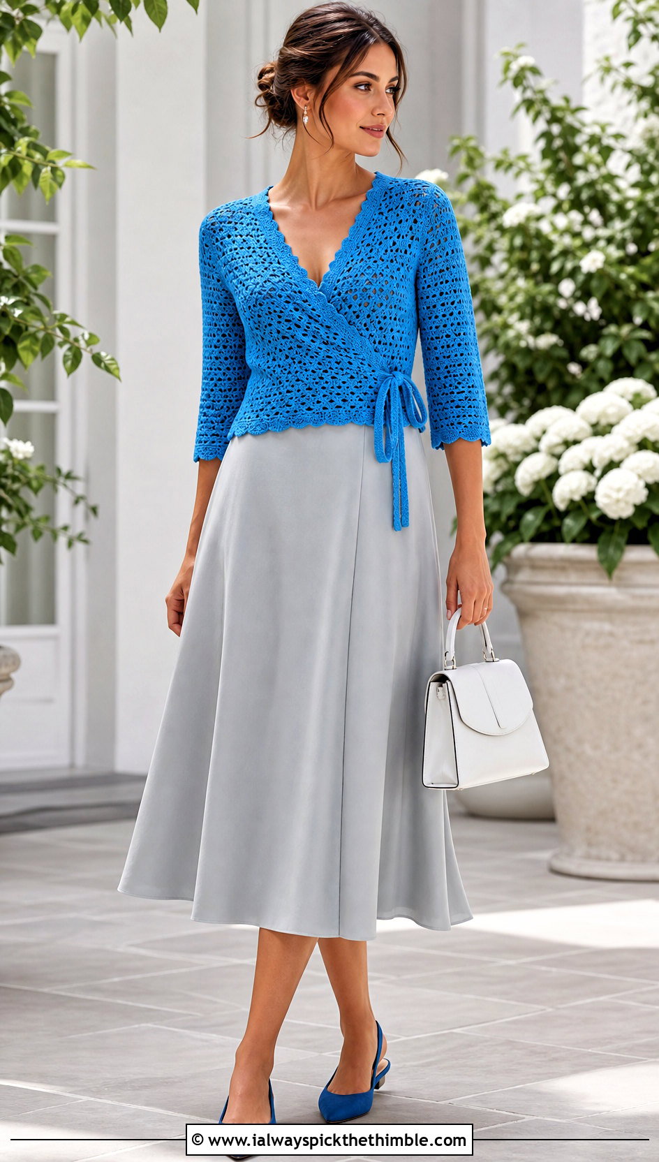 Crochet Wrap Top With A Line Midi Skirt - 20 Spring Crochet Tops outfit ideas