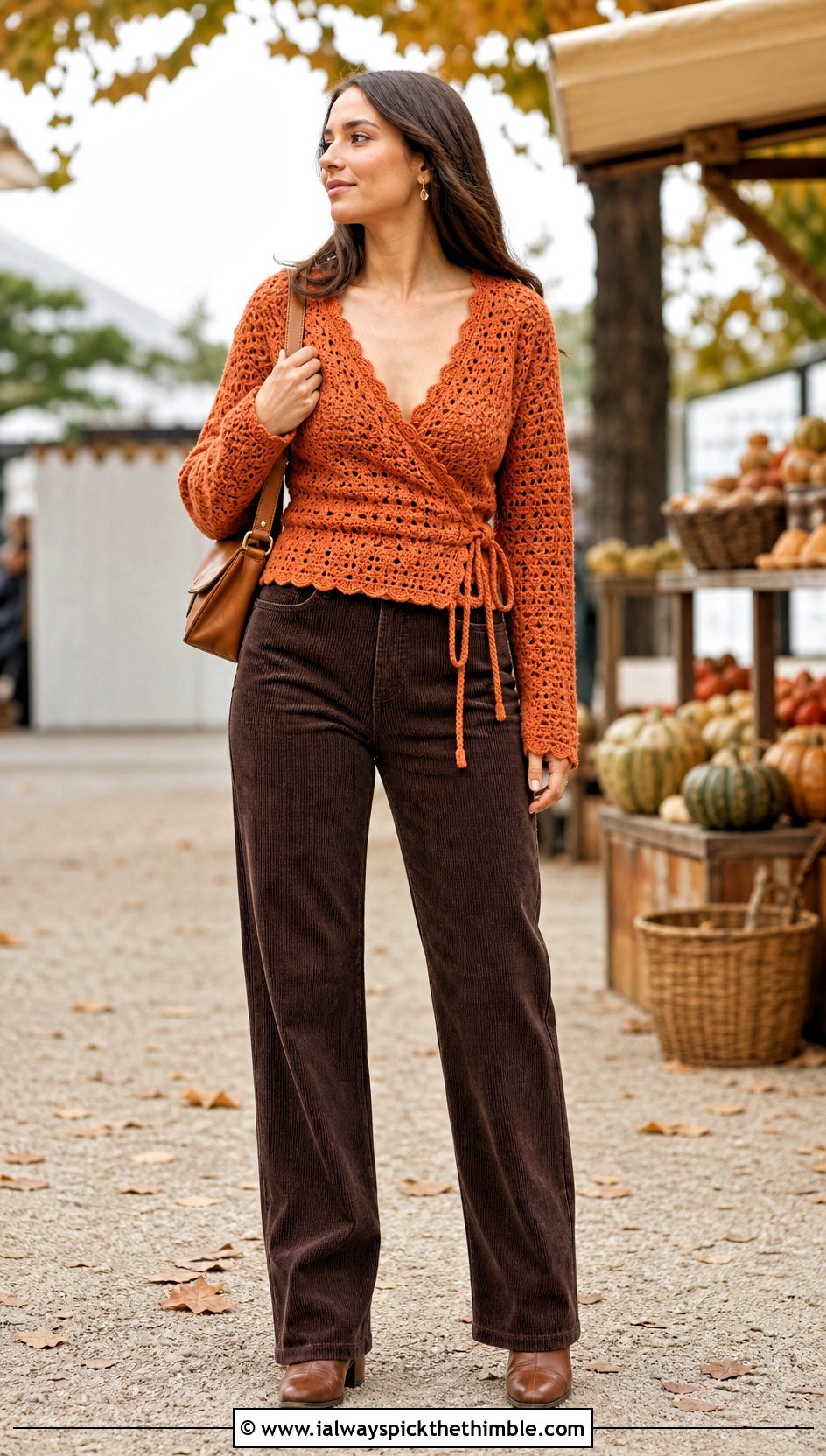 Crochet Wrap Top With Corduroy Pants - 25 crochet fall top outfit ideas