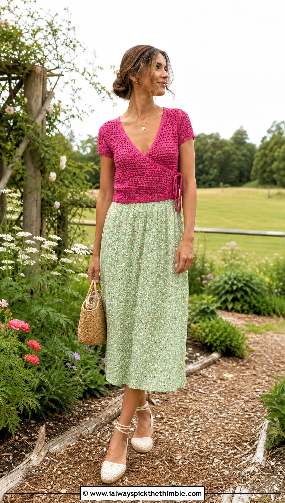Crochet Wrap Top With Floral Midi Skirt - 15 crochet top on grass outfit ideas
