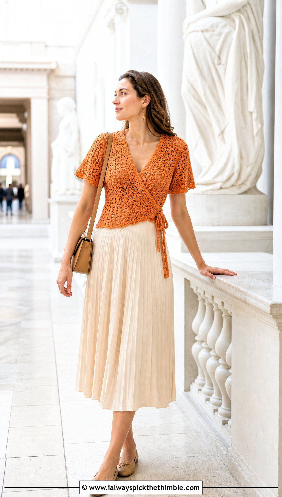 Crochet Wrap Top With Pleated Midi Skirt - 25 crochet ladies tops outfit ideas