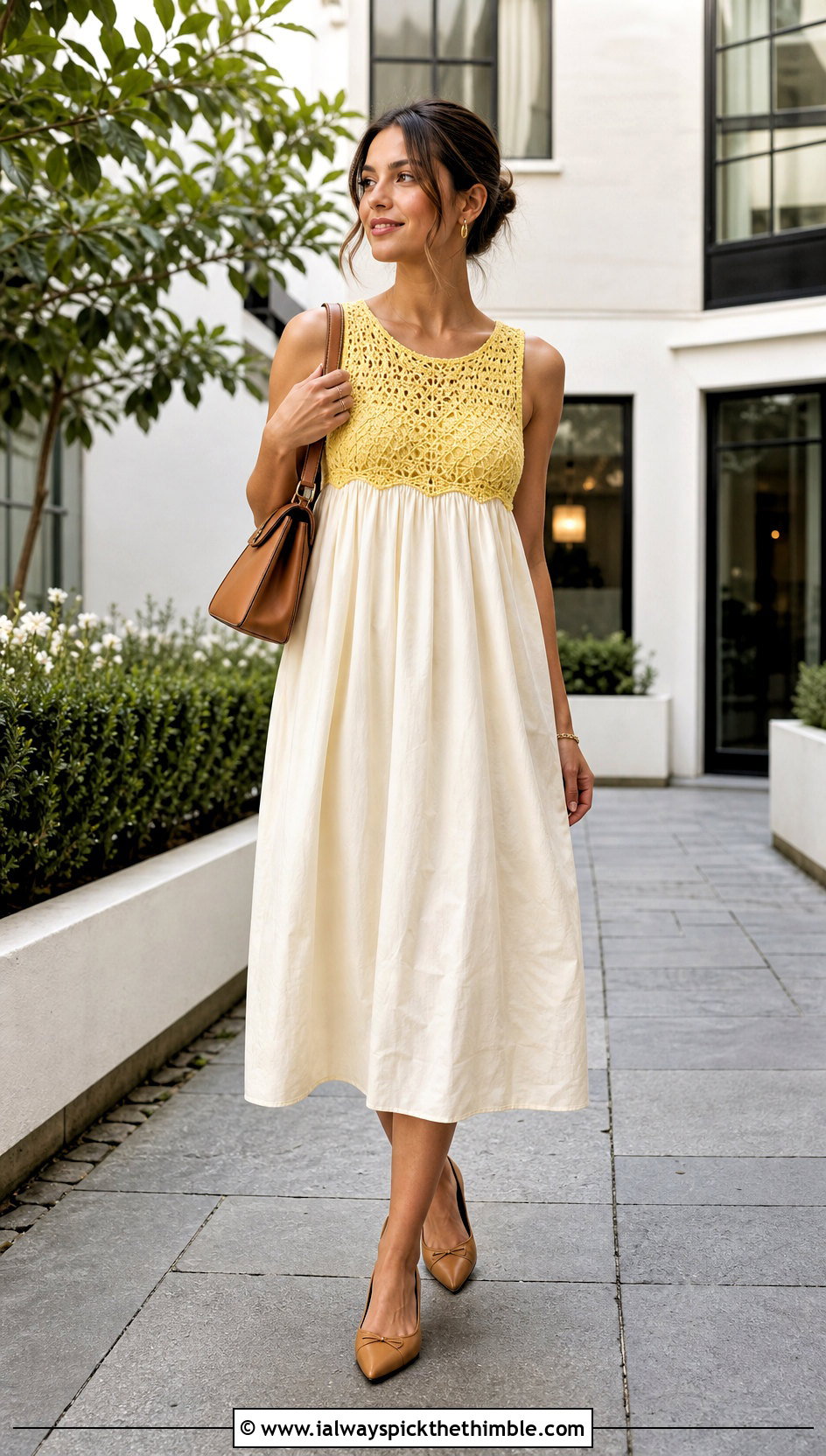 Crochet Yoke Cotton Dress With Ballet Flats - 15 Crochet Clothes With Fabric outfit ideas