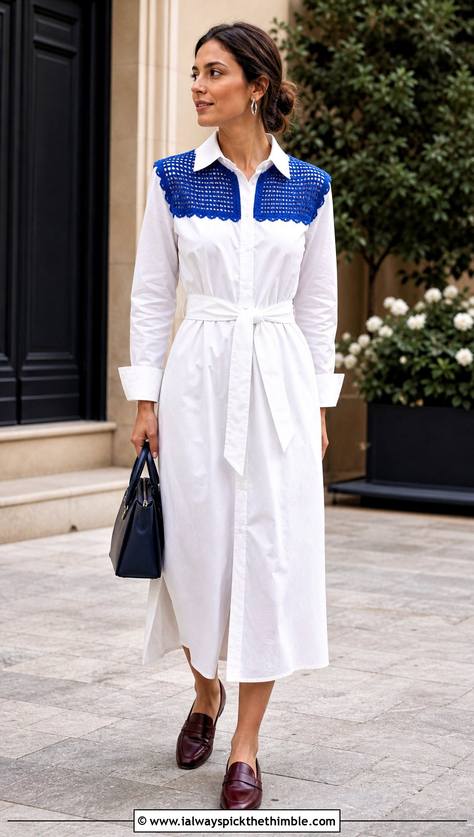 Crochet Yoke Cotton Shirt Dress With Loafers - 15 Crochet Fabric Dress outfit ideas