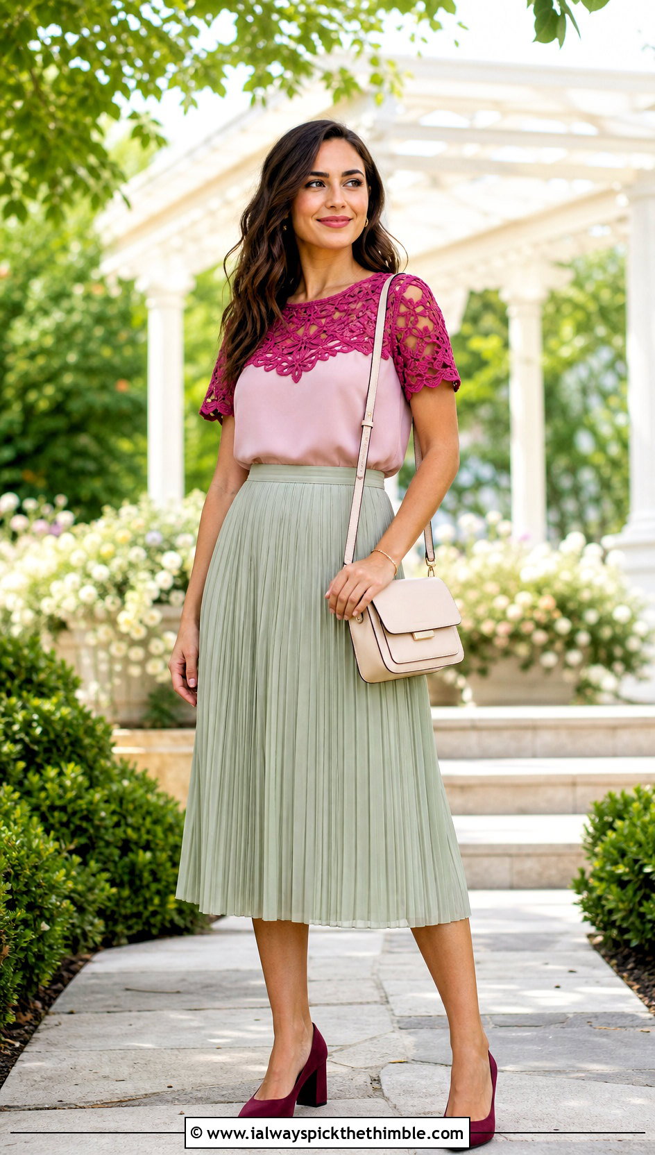Crochet Yoke Top With Pleated Midi Skirt - 25 crochet spring tops outfit ideas