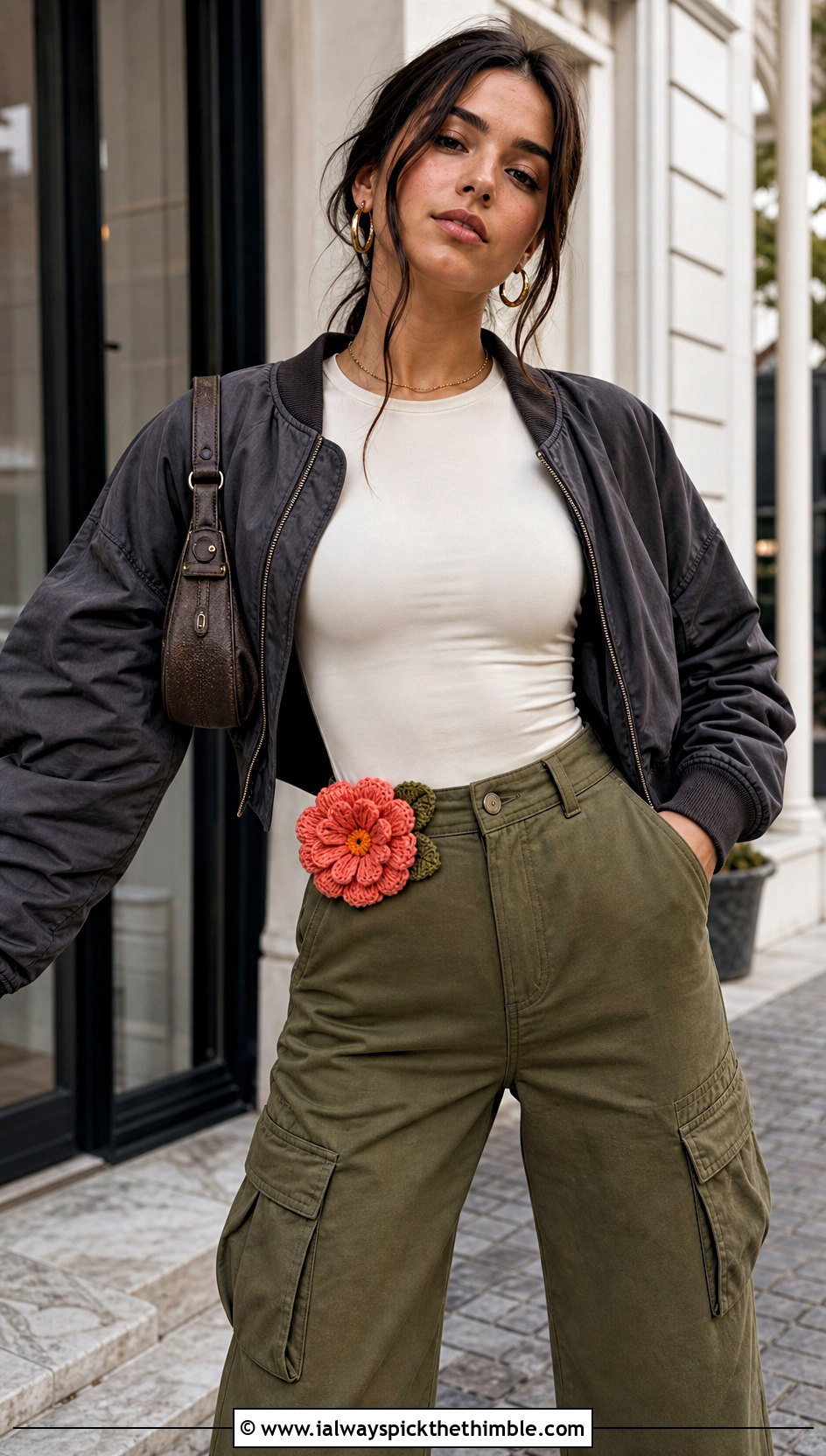 Crochet Zinnia Waist Clip With Cargo Pants - 20 Crochet Flower Outfit ideas