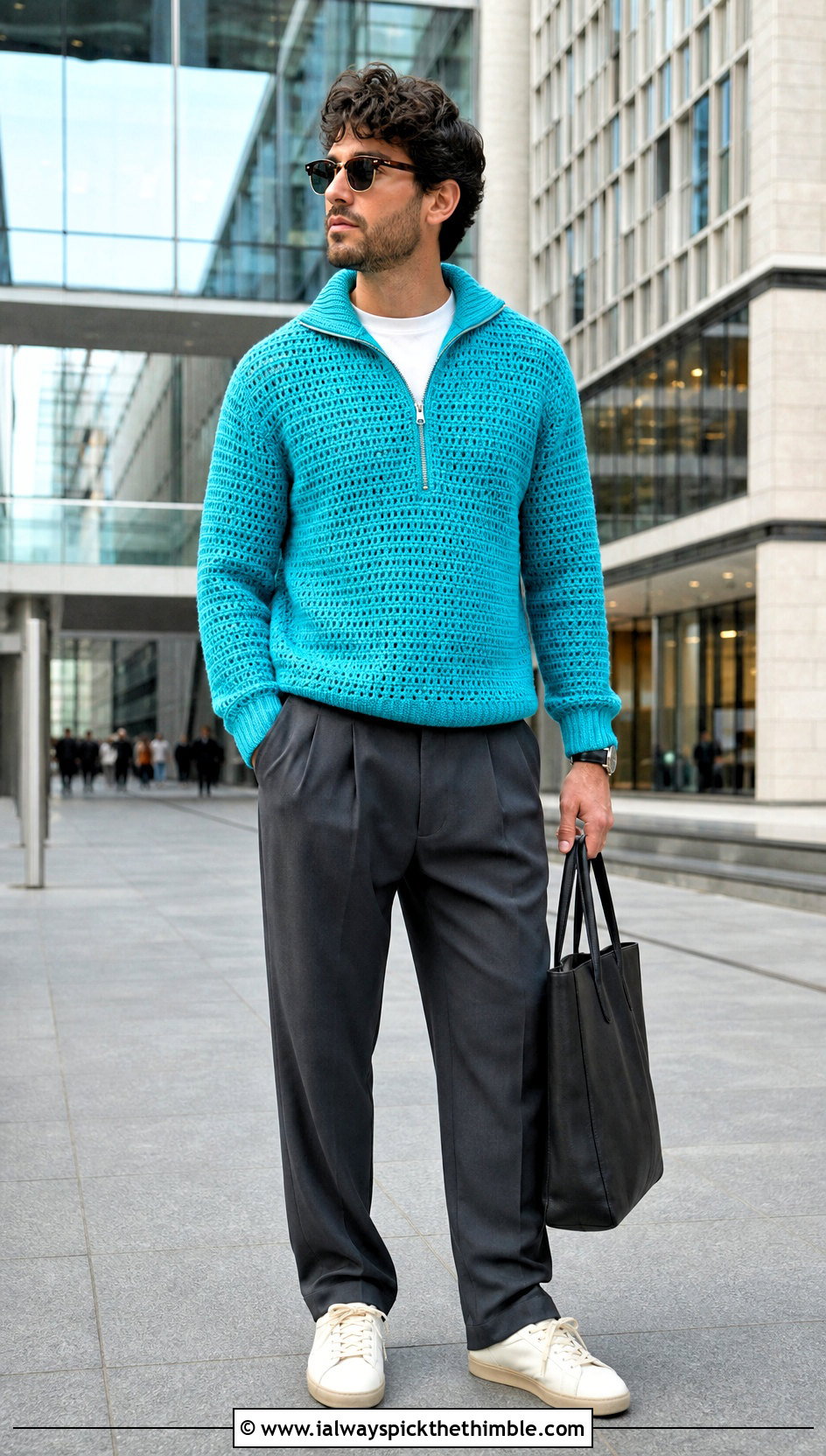 Crochet Zip Neck Sweater With Relaxed Suit Pants - 20 crochet sweater for man outfit ideas