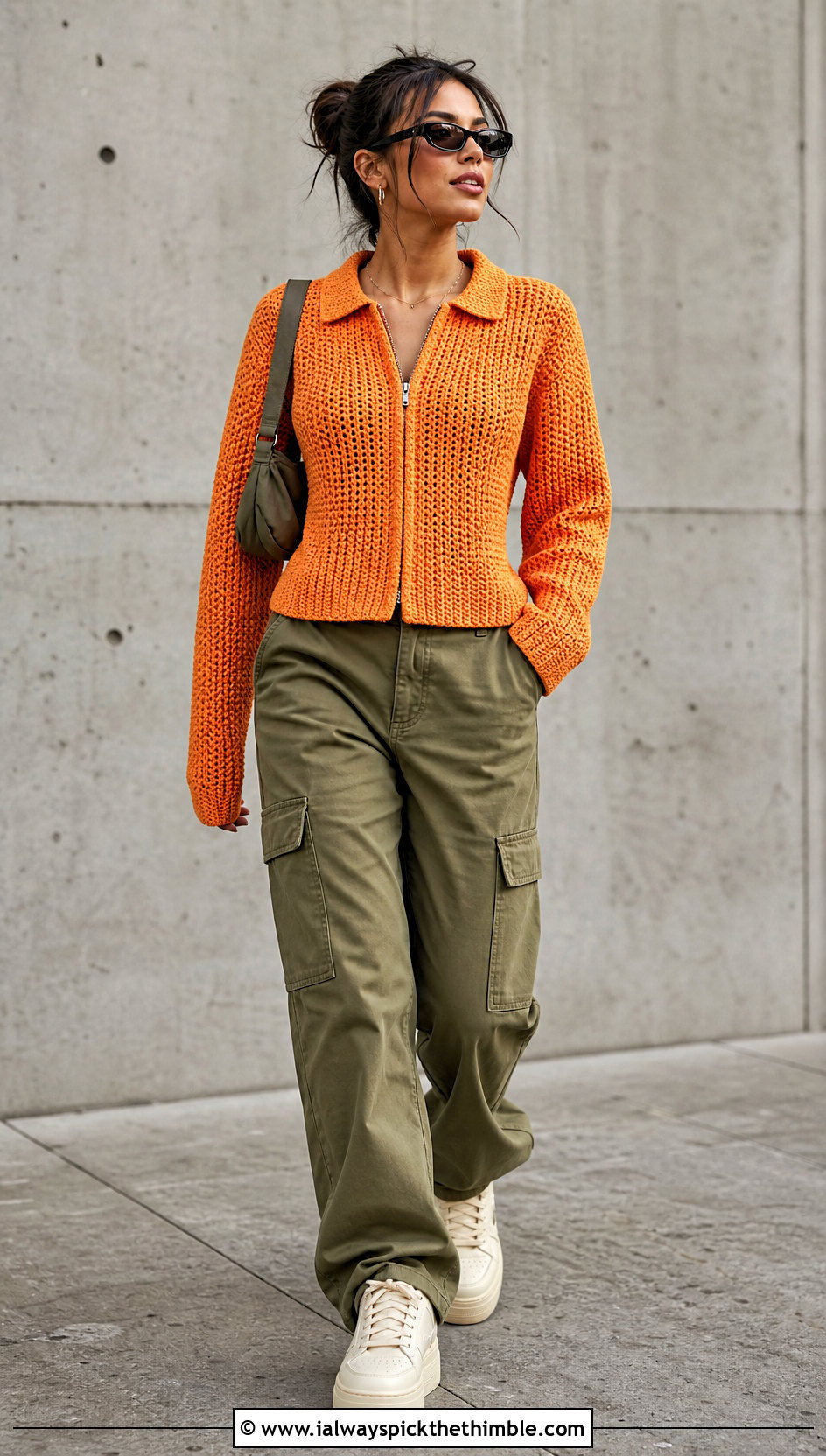 Crochet Zip Polo Collar Top With Cargo Pants - 20 Crochet Top With Collar outfit ideas