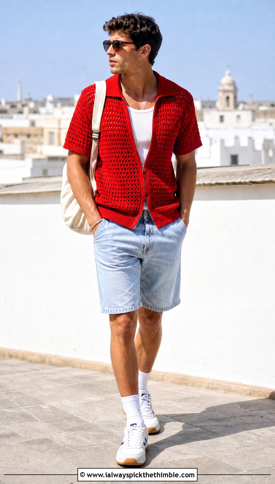 Crochet Zip Shirt With Denim Shorts - 25 crochet shirts for men outfit ideas