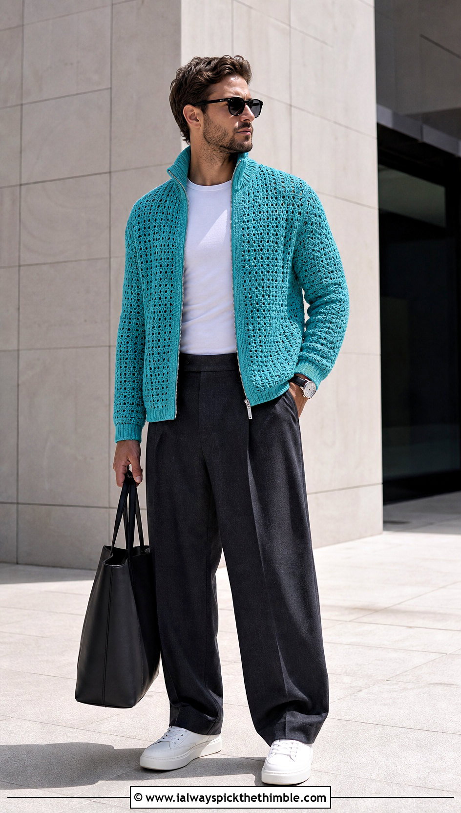 Crochet Zip Up Jacket With Wide Leg Trousers - 25 crochet clothes for men outfit ideas