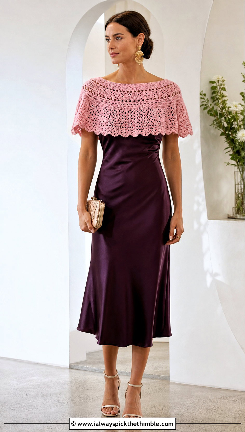 Crocheted Capelet Poncho With Satin Slip Dress - 15 Crocheted Poncho outfit ideas
