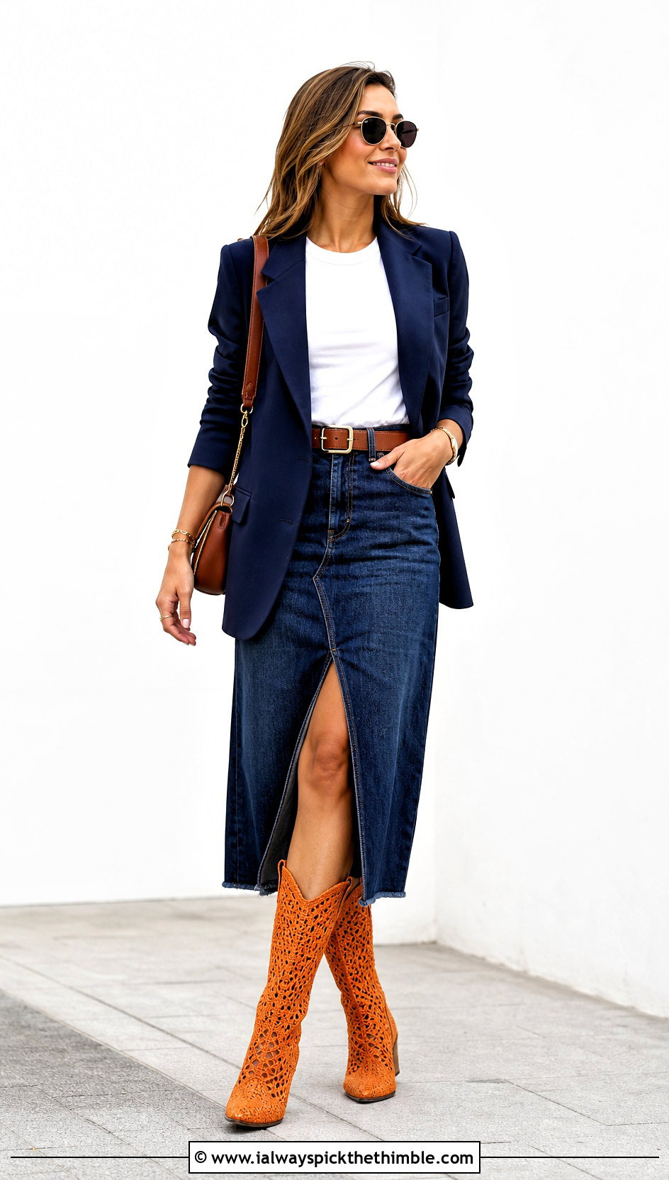 Crocheted Cowboy Boots With Denim Midi Skirt - 20 crocheted boots outfit ideas