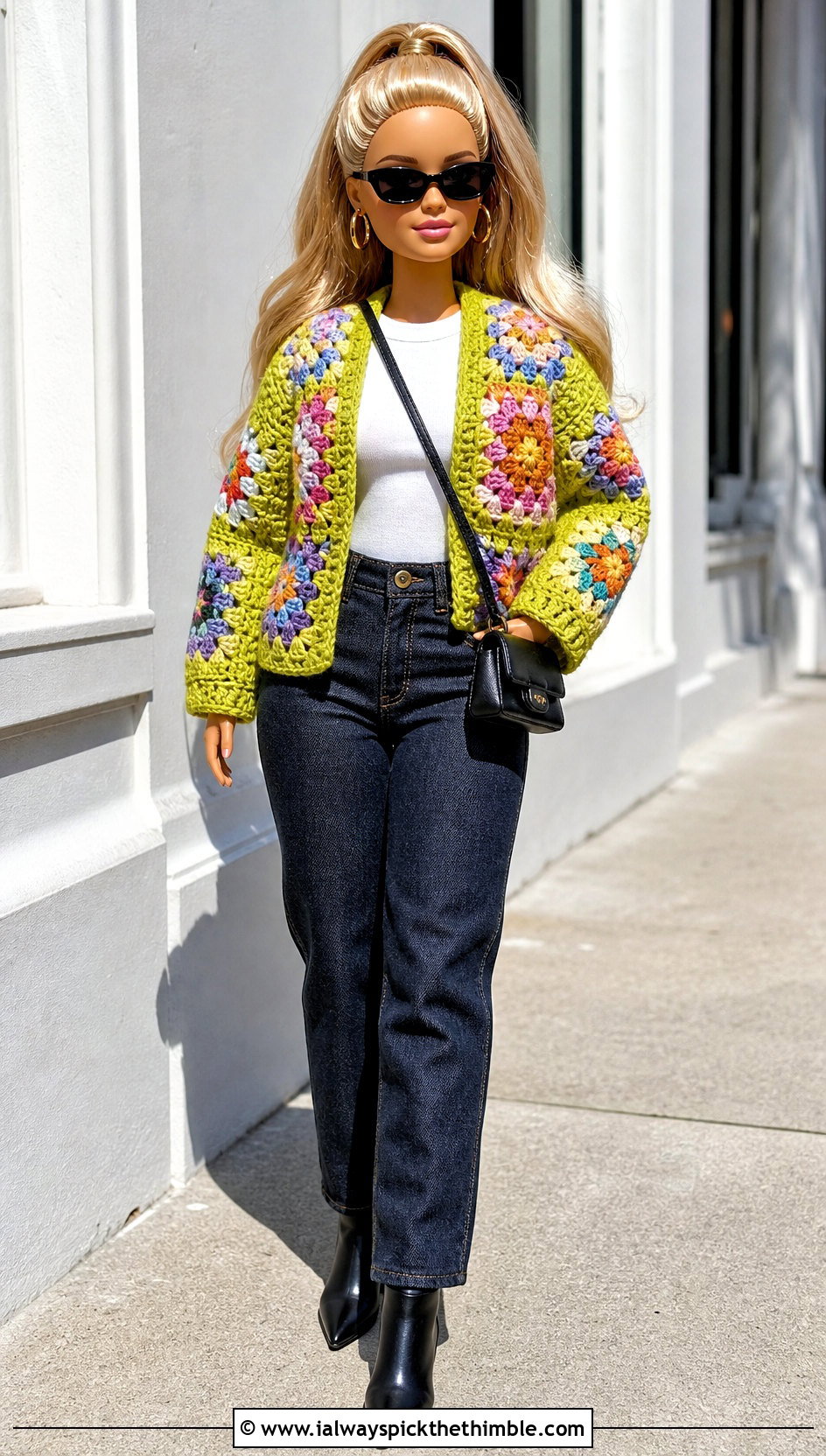 Crocheted Granny Square Cardigan With Tee And Jeans - 20 Crocheted Barbie Clothes and outfit ideas