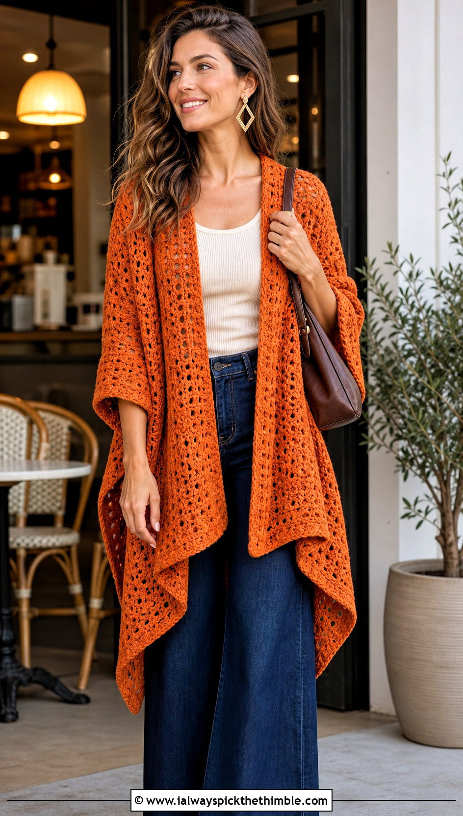 Crocheted Ruana Shawl With Wide Leg Jeans - 20 Crocheted Shawl outfit ideas