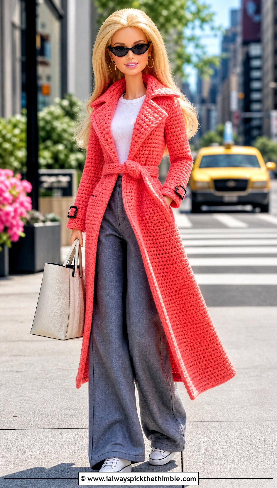 Crocheted Trench Coat With T Shirt And Wide Leg Pants - 20 Crocheted Barbie Clothes and outfit ideas