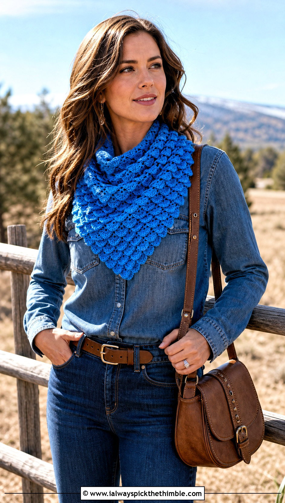 Crocodile Stitch Crochet Bandana Cowl With Western Denim - 20 crochet bandana cowl outfit ideas