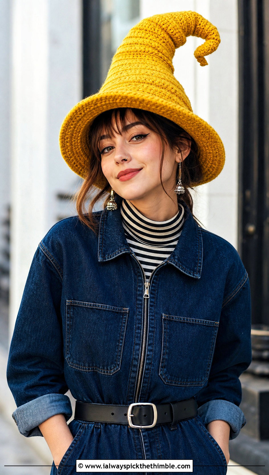 Crooked Point Crochet Witch Hat With Denim Jumpsuit - 20 crochet witch costume outfit ideas