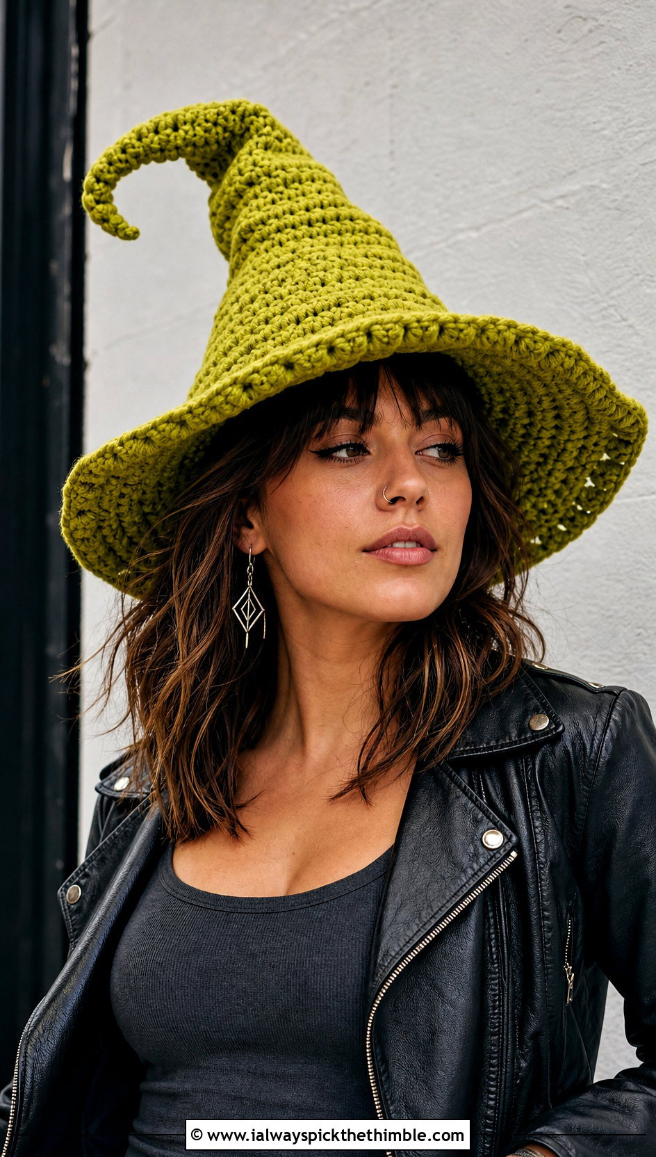 Crooked Tip Crochet Twisted Witch Hat With Leather Jacket - 20 crochet twisted witch hat outfit ideas