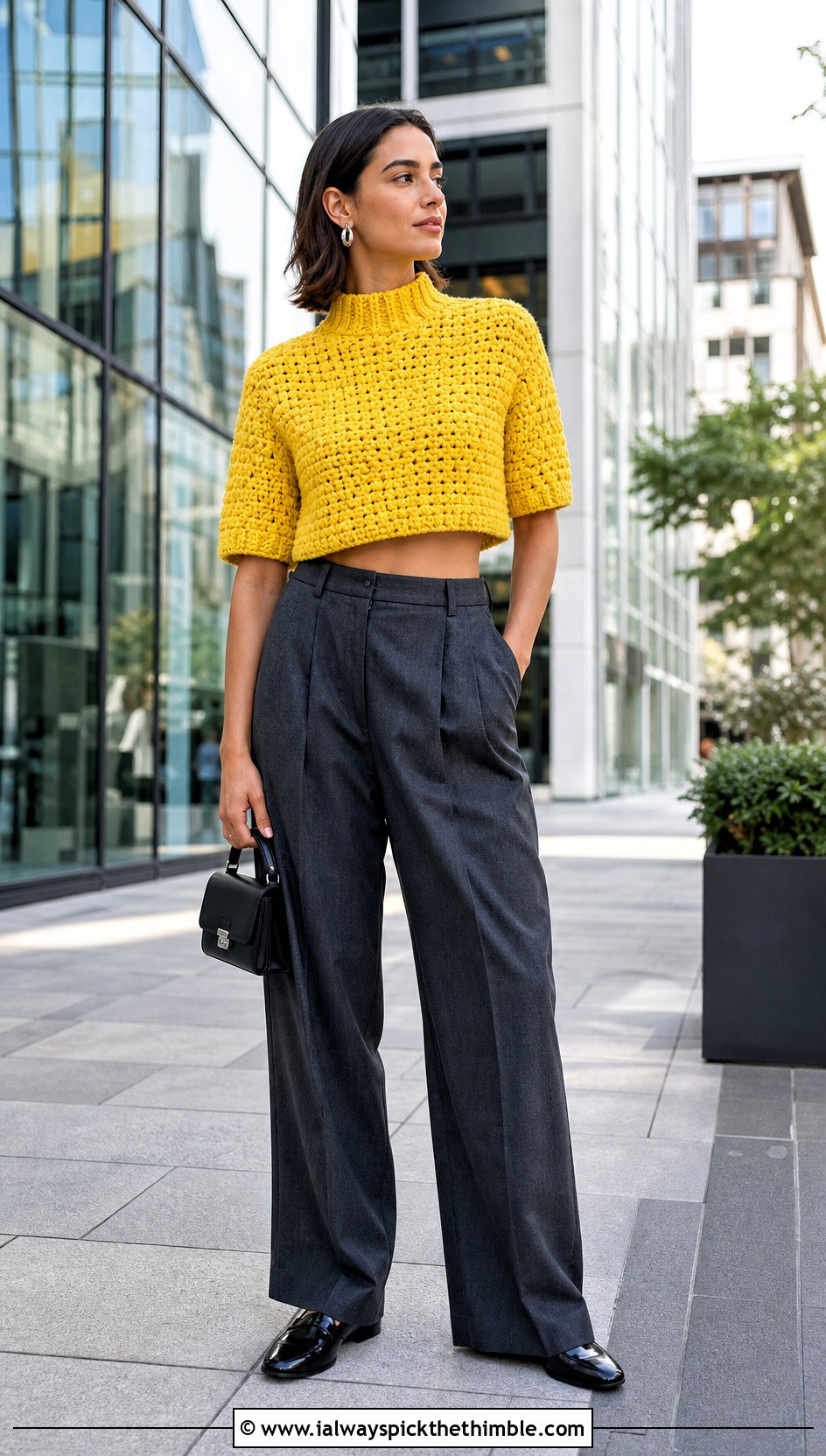 Cropped Alpine Stitch Crochet Mock Neck Top With Tailored Trousers - 25 crochet mock neck top outfit ideas
