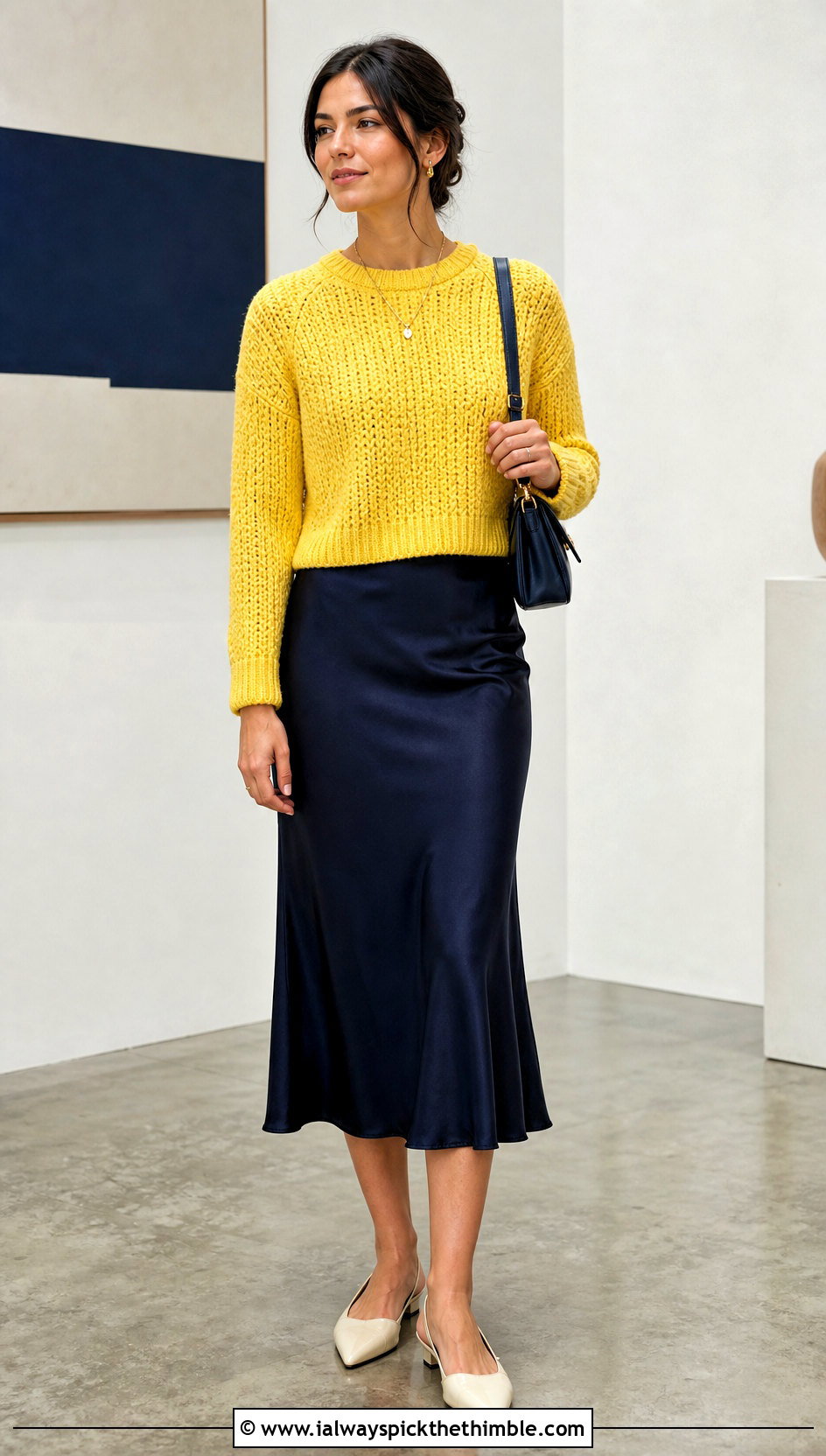 Cropped Alpine Stitch Sweater With Satin Midi Skirt - 20 crochet alpine stitch sweater outfit ideas