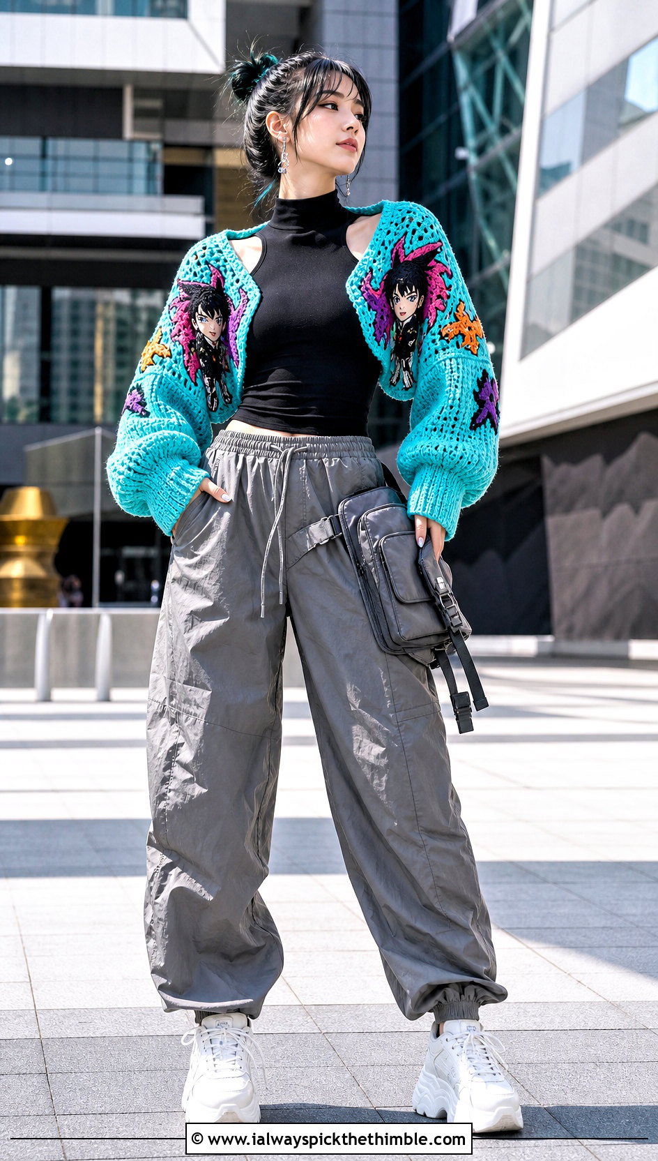 Cropped Anime Shrug Cardigan With Parachute Pants - 20 anime crochet cardigan outfit ideas