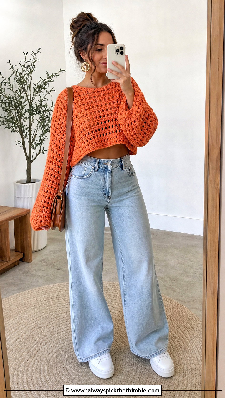 Cropped Baggy Crochet Sweater With Wide Leg Jeans - 25 baggy crochet sweater outfit ideas