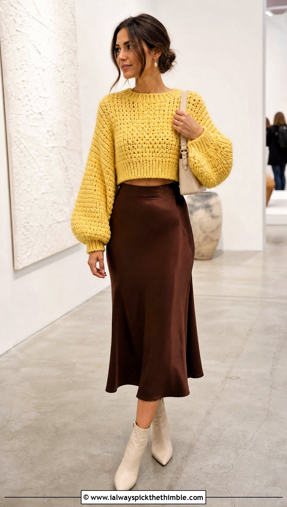 Cropped Balloon Sleeve Chunky Crochet Sweater With Satin Midi Skirt - 20 Chunky Crochet Sweaters outfit ideas