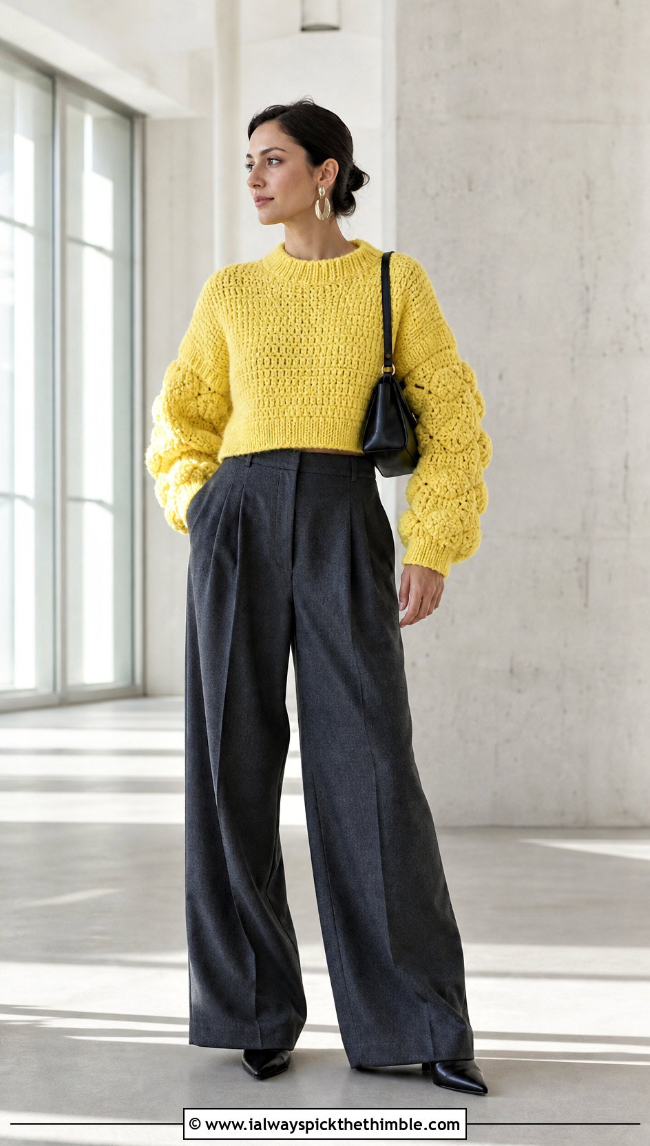 Cropped Balloon Sleeve Crochet Bulky Sweater With Wide Leg Trousers - 20 Crochet Bulky Sweater outfit ideas