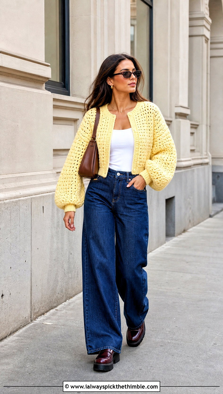 Cropped Balloon Sleeve Crochet Cardigan With Wide Leg Jeans - 20 puffy crochet cardigan outfit ideas