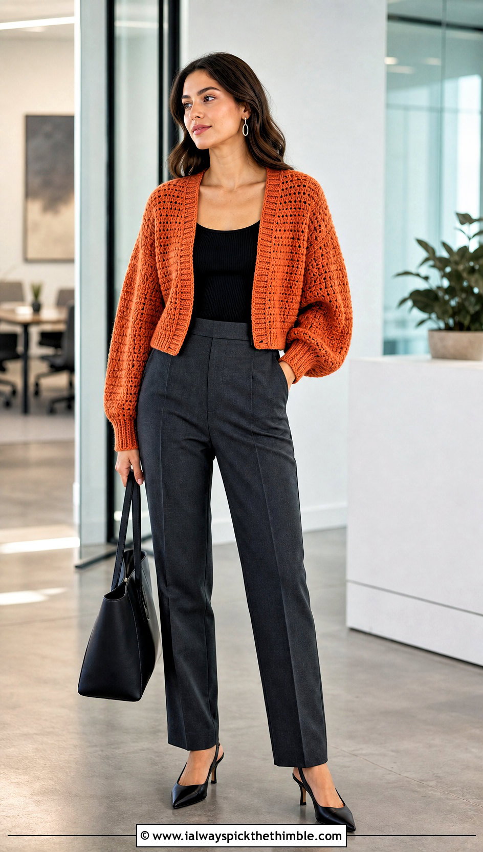 Cropped Balloon Sleeve Crochet Slouchy Cardigan With Tailored Trousers - 20 Crochet Slouchy Cardigan outfit ideas