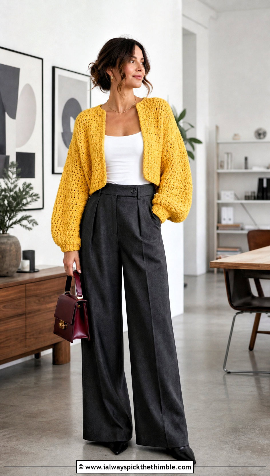 Cropped Balloon Sleeve Crochet Sweater With Wide Leg Trousers - 20 thick yarn crochet sweater outfit ideas