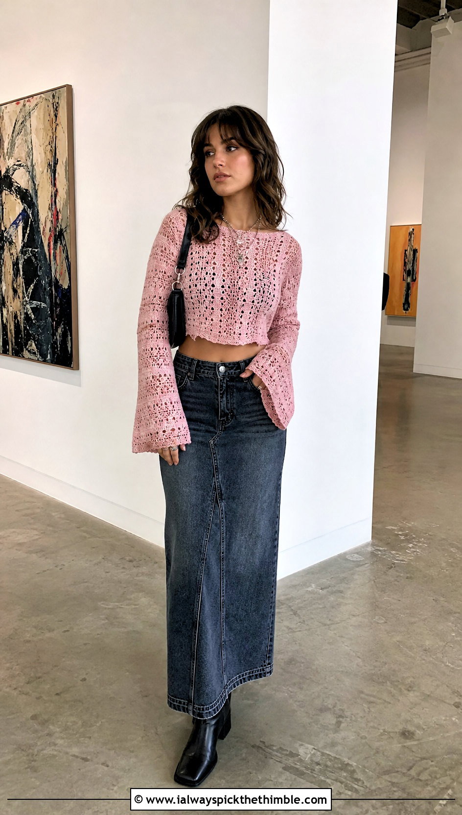 Cropped Bell Sleeve Crochet Grunge Sweater With Maxi Skirt - 20 crochet grunge sweater outfit ideas