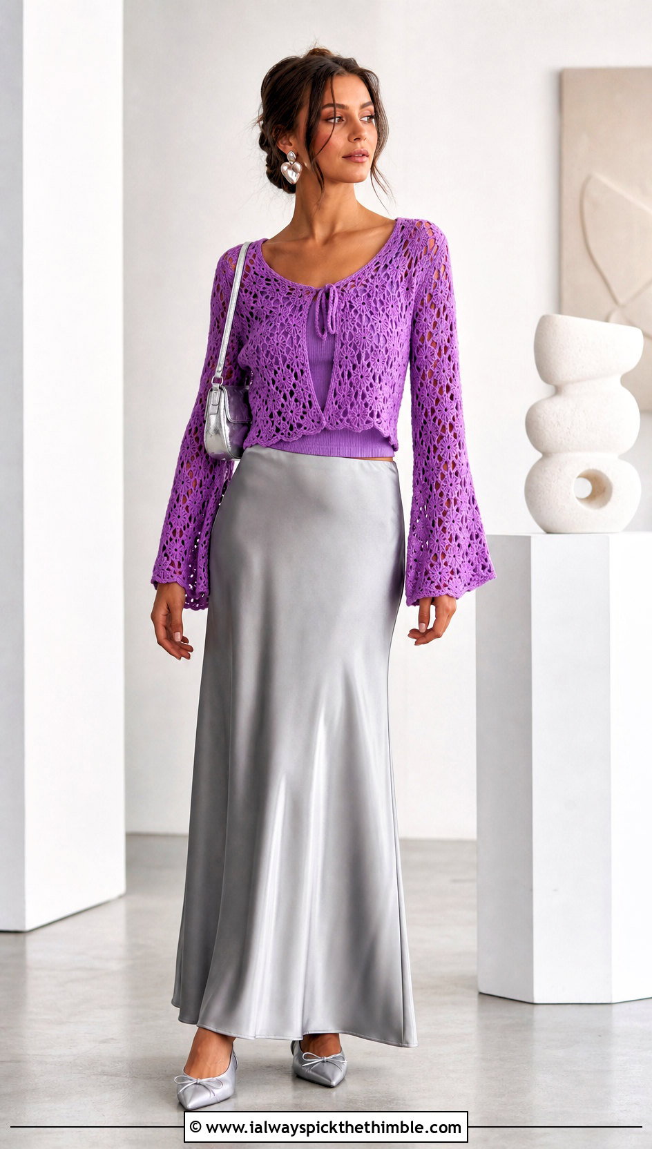 Cropped Bell Sleeve Crochet Light Sweater With Maxi Skirt - 25 crochet light sweater outfit ideas