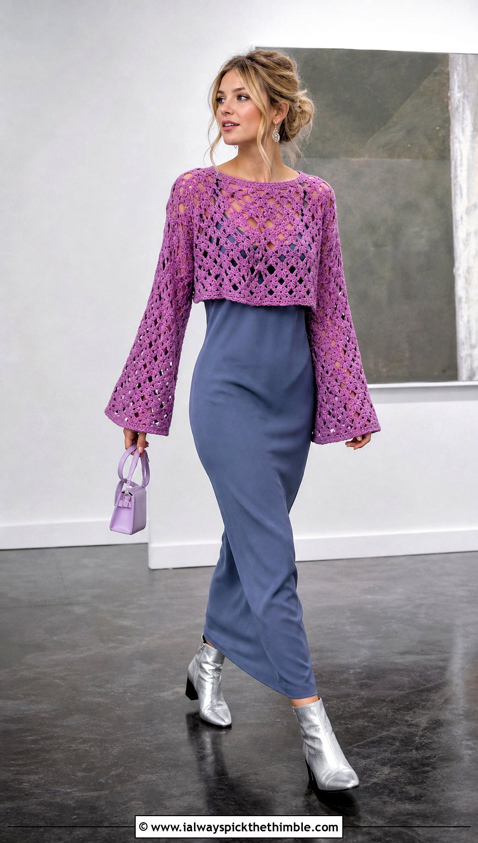 Cropped Bell Sleeve Crochet Sweater With Maxi Dress - 25 colorful crochet sweater outfit ideas
