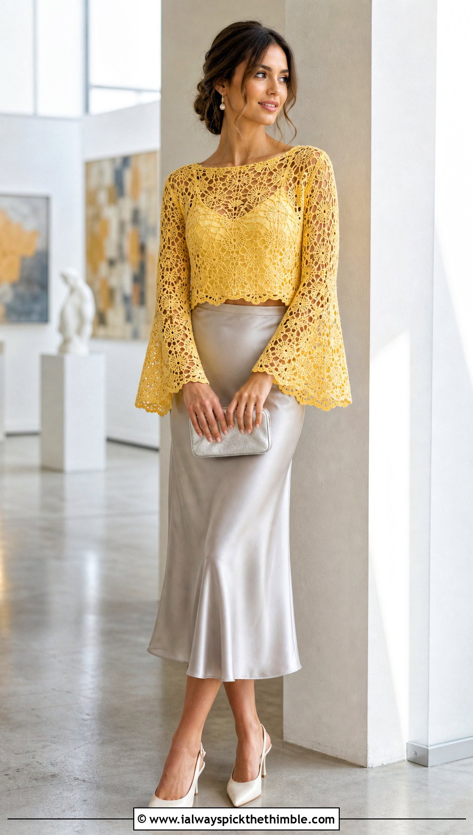 Cropped Bell Sleeve Crochet Sweater With Satin Skirt - 15 Crochet Sweater Aesthetic outfit ideas