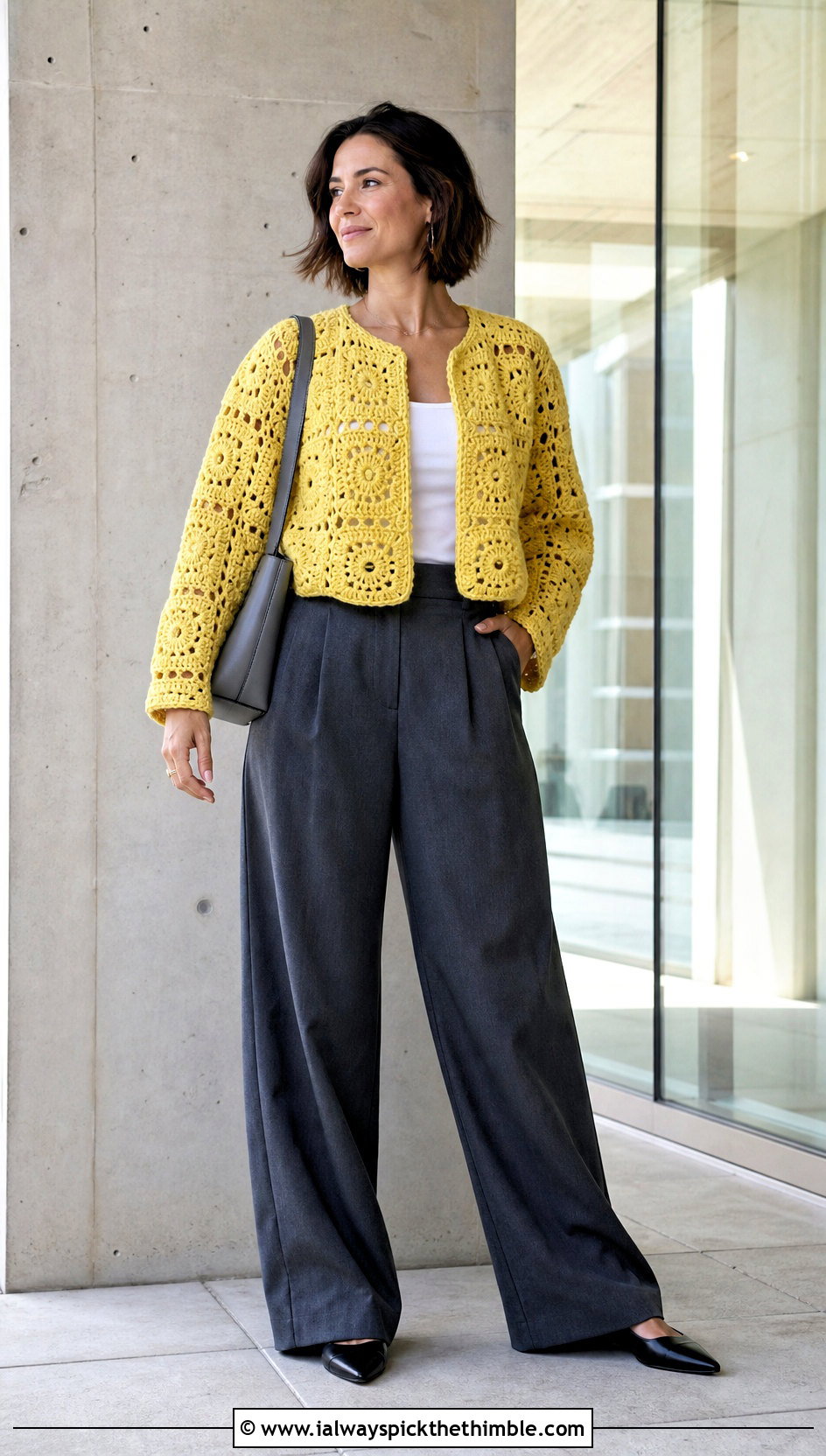 Cropped Big Granny Square Sweater With Wide Leg Trousers - 25 big granny square sweater outfit ideas
