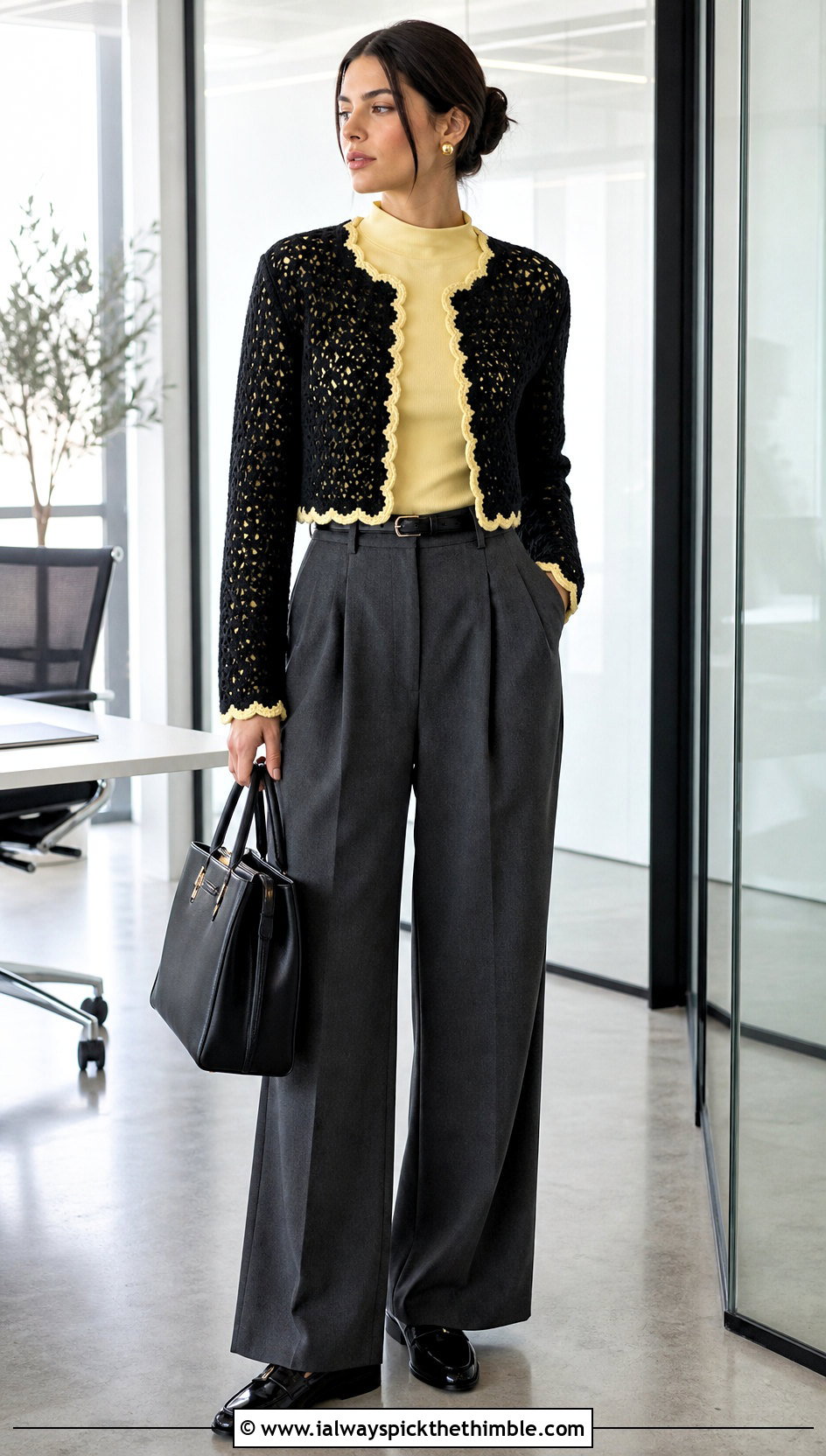 Cropped Black Crochet Sweater With Wide Leg Trousers - 15 black crochet sweater fall fashion and outfit ideas
