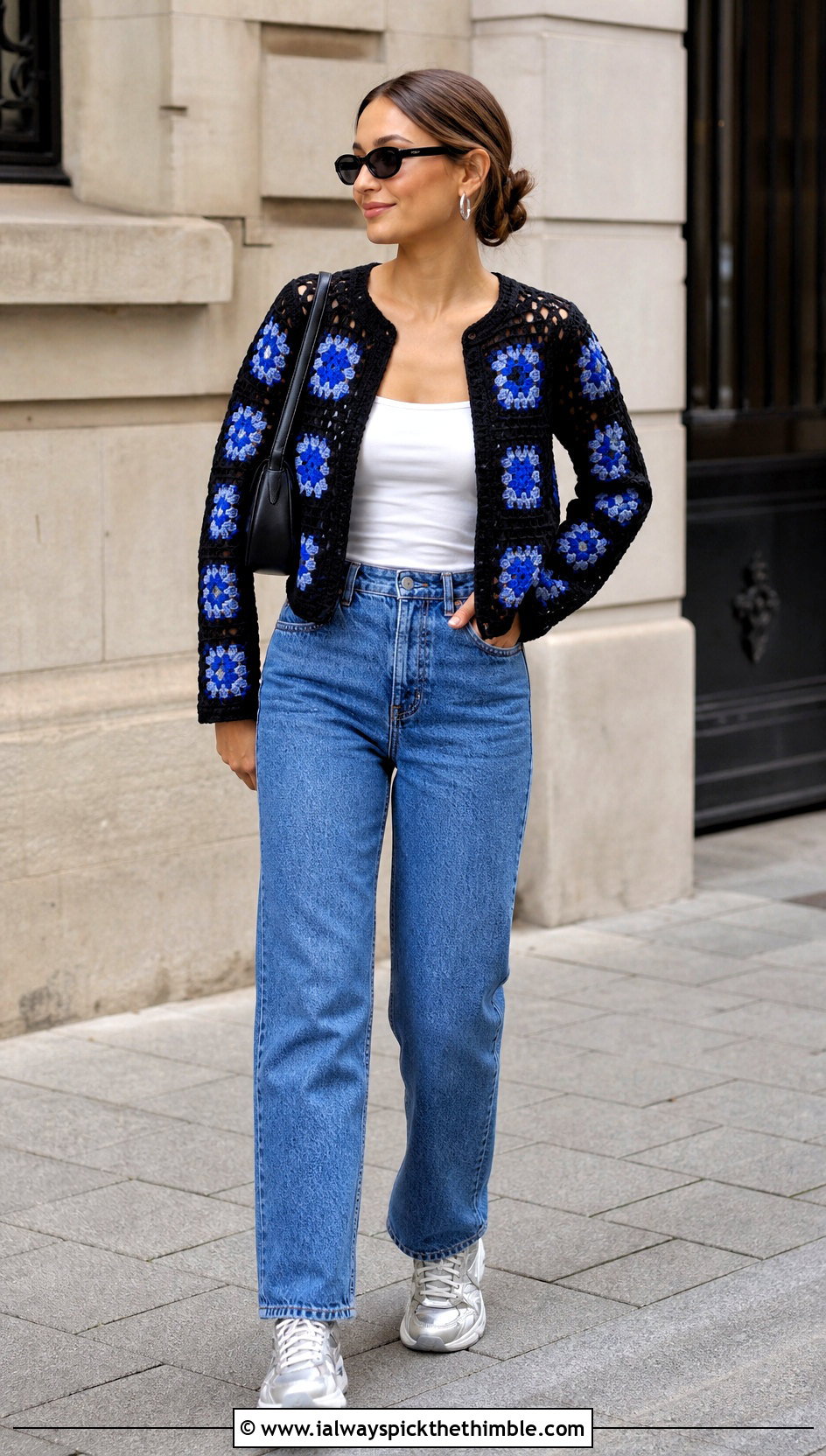 Cropped Black Granny Square Sweater With Straight Leg Jeans - 20 black granny square sweater outfit ideas